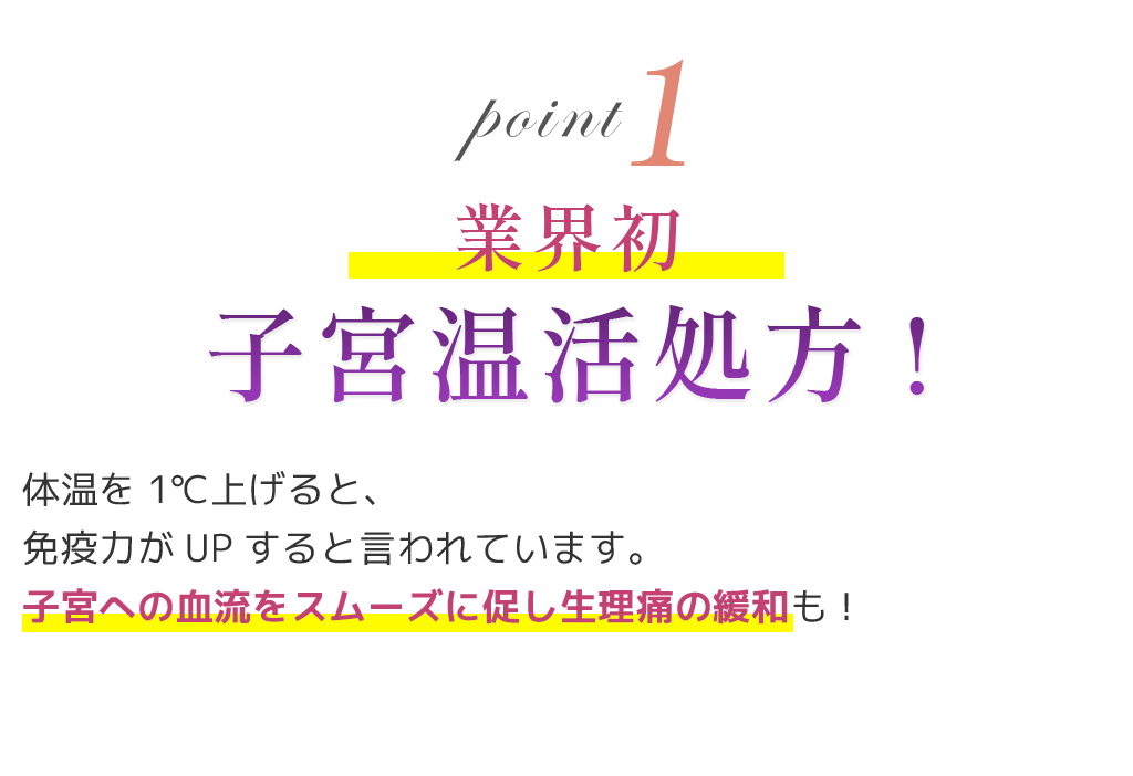 point1業界初子宮温活処方!体温を1℃上げると、免疫力がUPすると言われています。子宮への血流をスムーズに促し生理痛の緩和も！