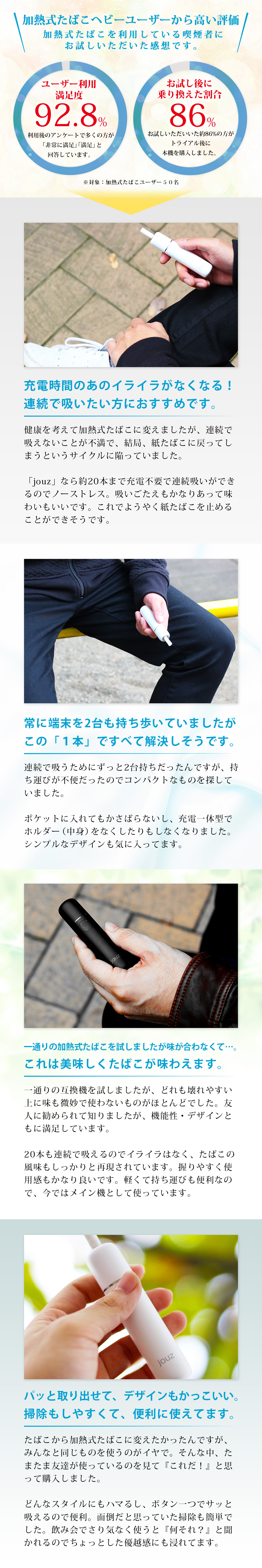 加熱式たばこヘビーユーザーから高い評価加熱式たばこを利用している喫煙者にお試しいただいた感想です。