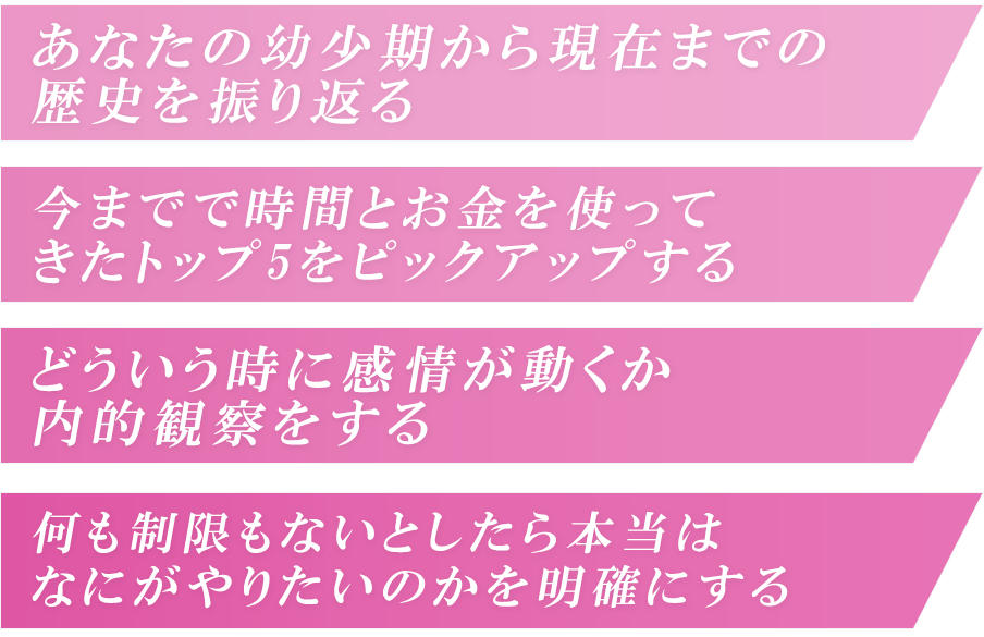 あなたの幼少期から現在までの歴史を振り返る今までで時間とお金を使ってきたトップ5をピックアップするどういう時に感情が動くか内的観察をする何も制限もないとしたら本当はなにがやりたいのかを明確にする