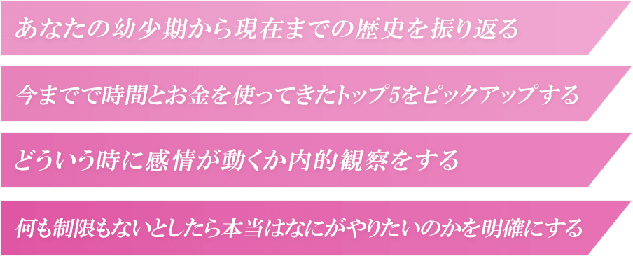 あなたの幼少期から現在までの歴史を振り返る今までで時間とお金を使ってきたトップ5をピックアップするどういう時に感情が動くか内的観察をする何も制限もないとしたら本当はなにがやりたいのかを明確にする