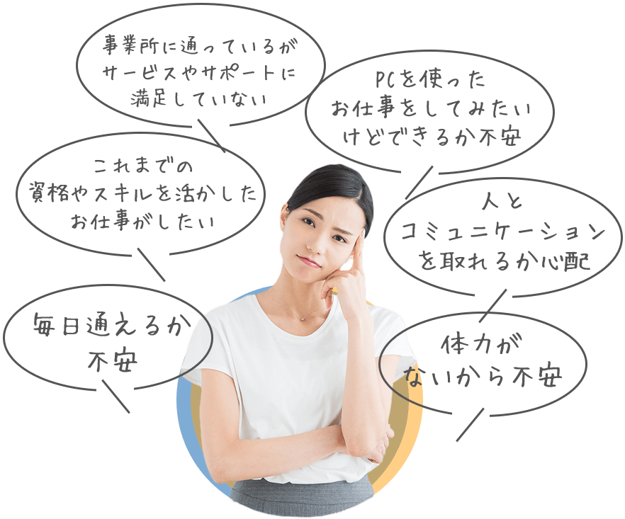 「事業所に通っているがサービスやサポートに満足していない」「PCを使ったお仕事をしてみたいけどできるか不安」「これまでの資格やスキルを活かしたお仕事がしたい」「人とコミュニケーションを取れるか心配」「毎日通えるか不安」「体力がないから不安」