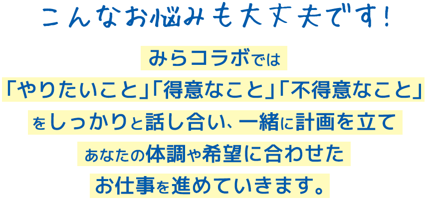 こんなお悩みも大丈夫です!みらコラボでは「やりたいこと」「得意なこと」「不得意なこと」をしっかりと話し合い、一緒に計画を立てあなたの体調や希望に合わせたお仕事を進めていきます。
