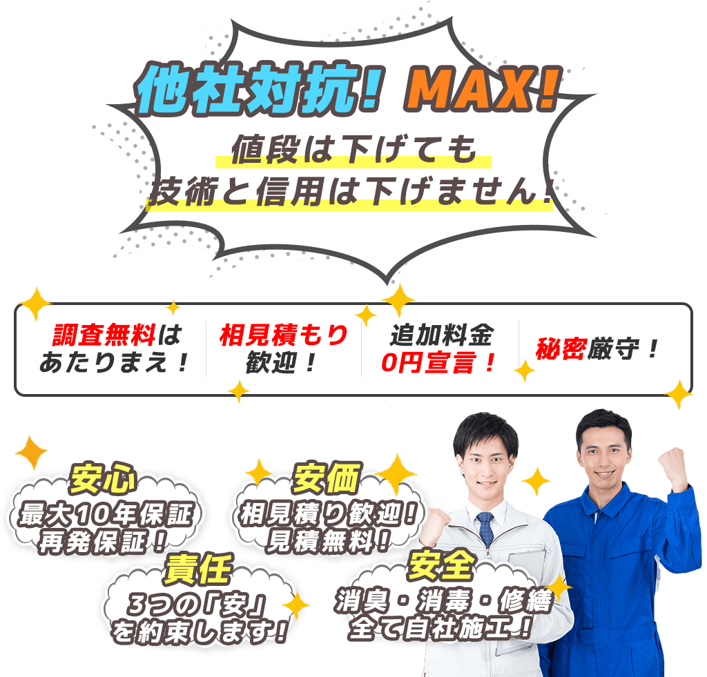 他社対抗! MAX!値段は下げても技術と信用は下げません！調査無料はあたりまえ！相見積もり歓迎！追加料金0円宣言！秘密厳守！安心最大10年保証再発保証！安価相見積り歓迎！見積無料！責任3つの「安」を約束します！安全消臭・消毒・修繕全て自社施工！