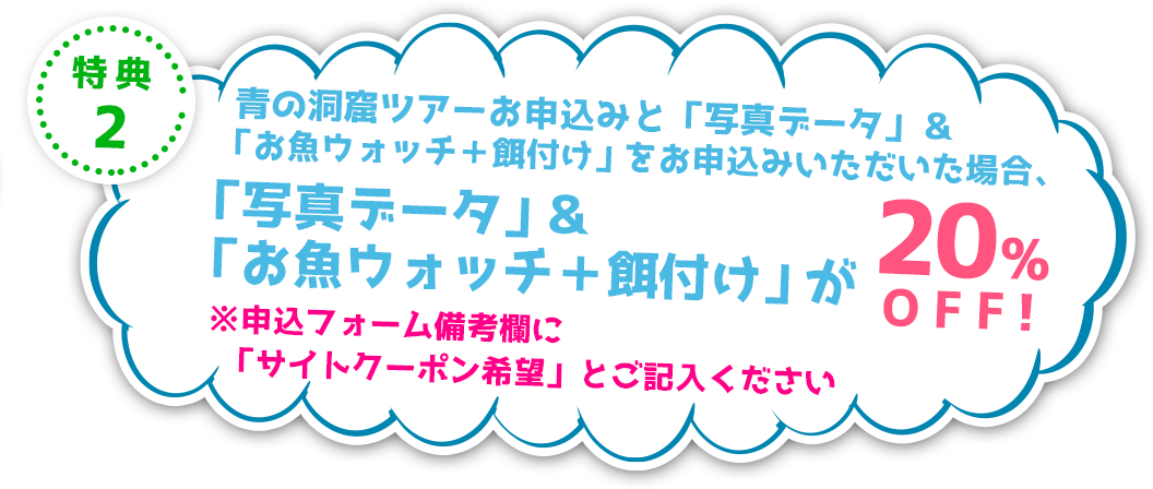 特典2青の洞窟ツアーをお申込みと「写真データ」＆「お魚ウォッチ＋餌付け」をお申込みいただいた場合、「写真データ」＆「お魚ウォッチ＋餌付け」が20%OFF！
