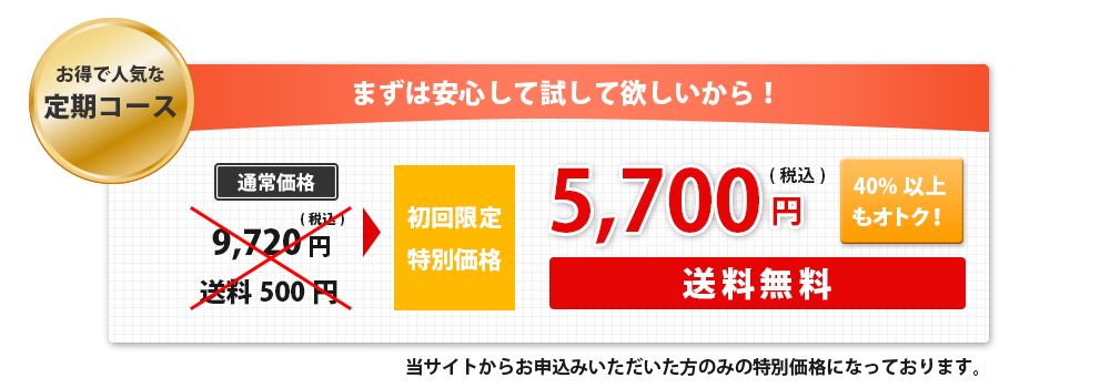 お得で人気な定期コースまずは安心して試して欲しいから！初回限定特別価格5,700円40%以上もオトク！送料無料当サイトからお申込みいただいた方のみの特別価格になっております。