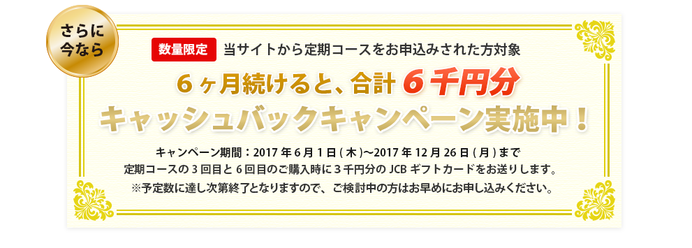 さらに今なら数量限定当サイトから定期コースをお申込みされた方対象６ヶ月続けると、合計６千円分キャッシュバックキャンペーン実施中！キャンペーン期間：2017年6月1日(木)〜2017年12月26日(月)まで定期コースの3回目と6回目のご購入時に３千円分のJCBギフトカードをお送りします。※予定数に達し次第終了となりますので、ご検討中の方はお早めにお申し込みください。