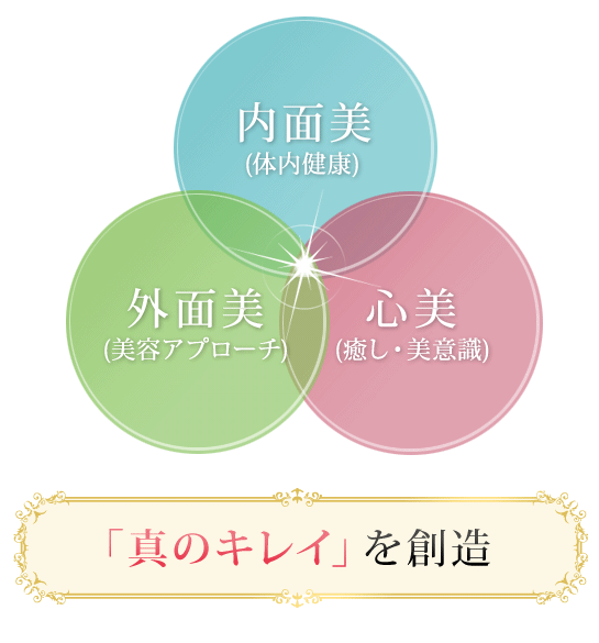 内面美（体内健康）外面美（美容アプローチ）心美（癒し・美意識）「真のキレイを創造」